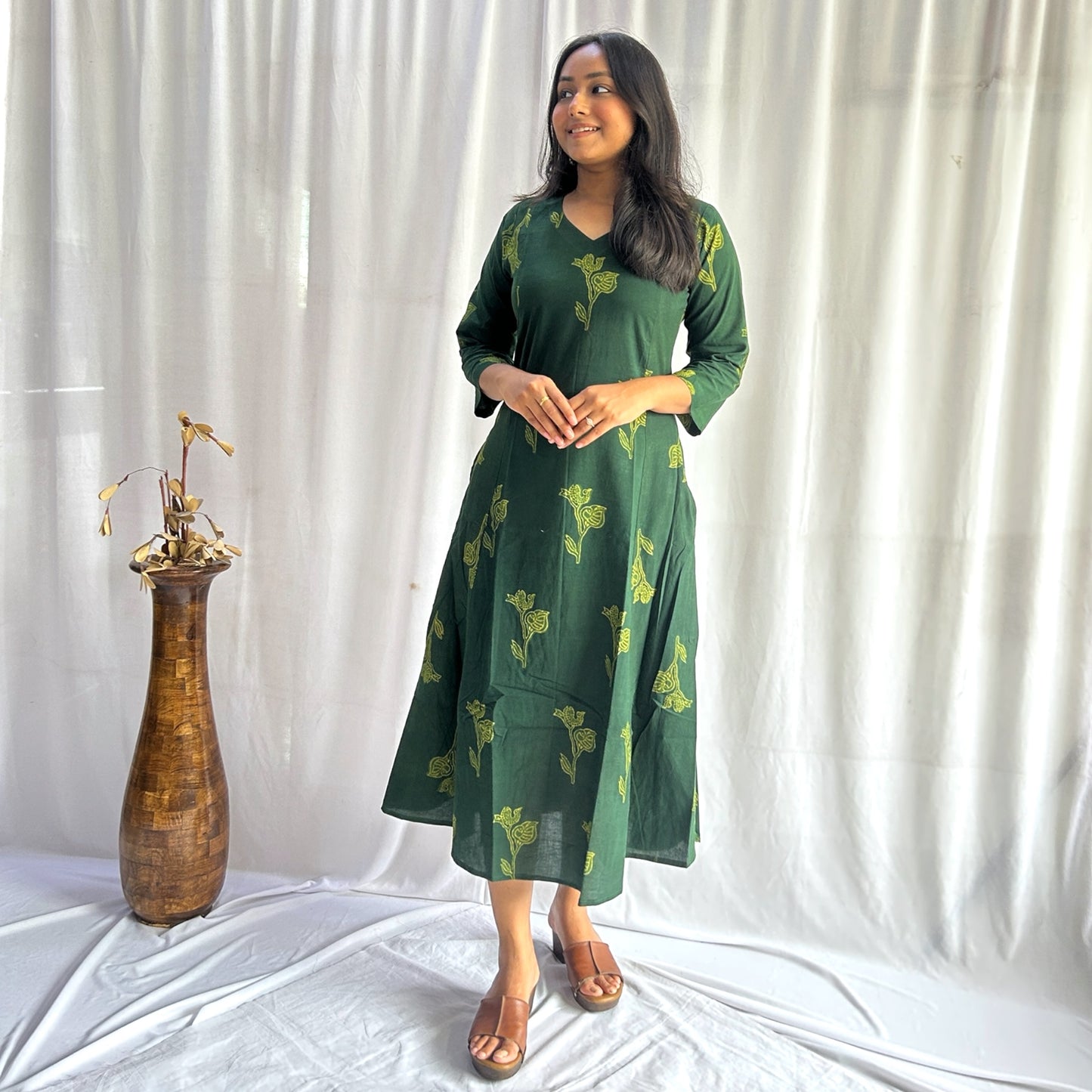 Dabu Green Animal Print Hand Block Printed Dress