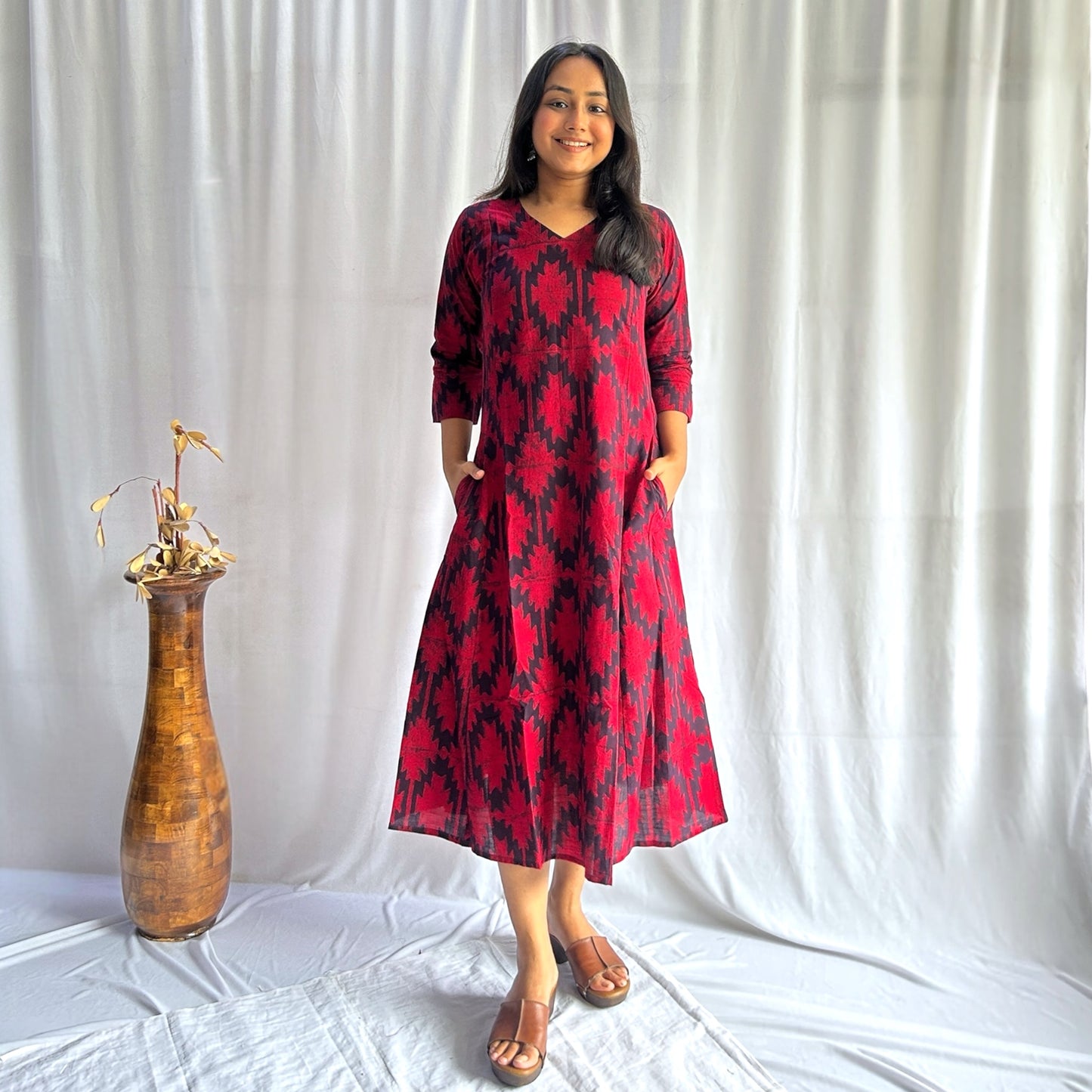 Dabu Red Geometric Hand Block Printed Dress