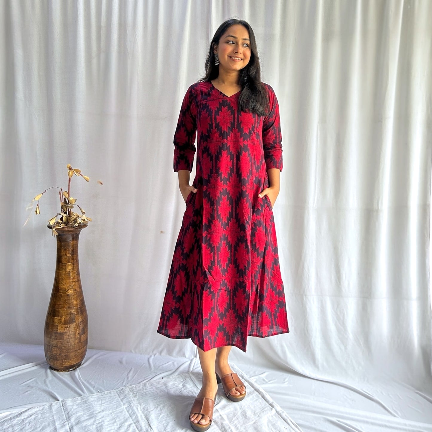 Dabu Red Geometric Hand Block Printed Dress