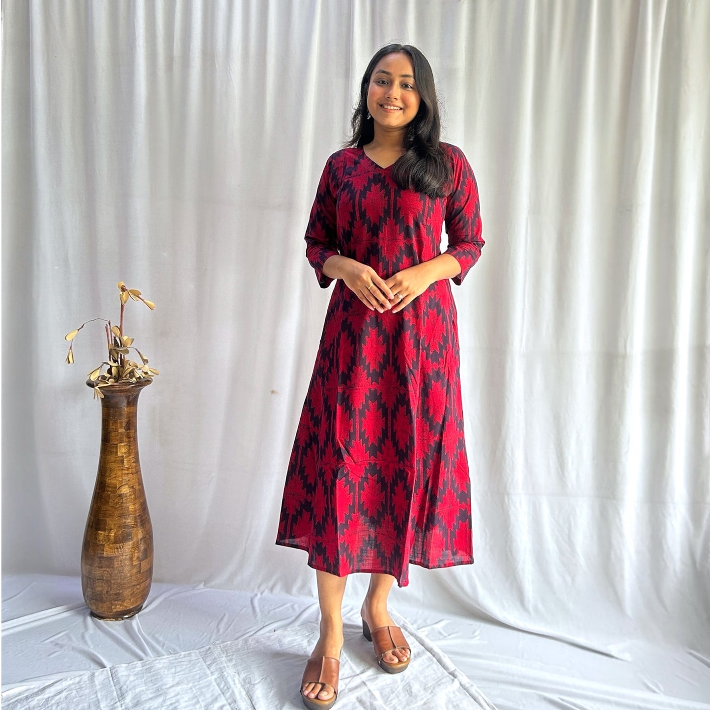 Dabu Red Geometric Hand Block Printed Dress