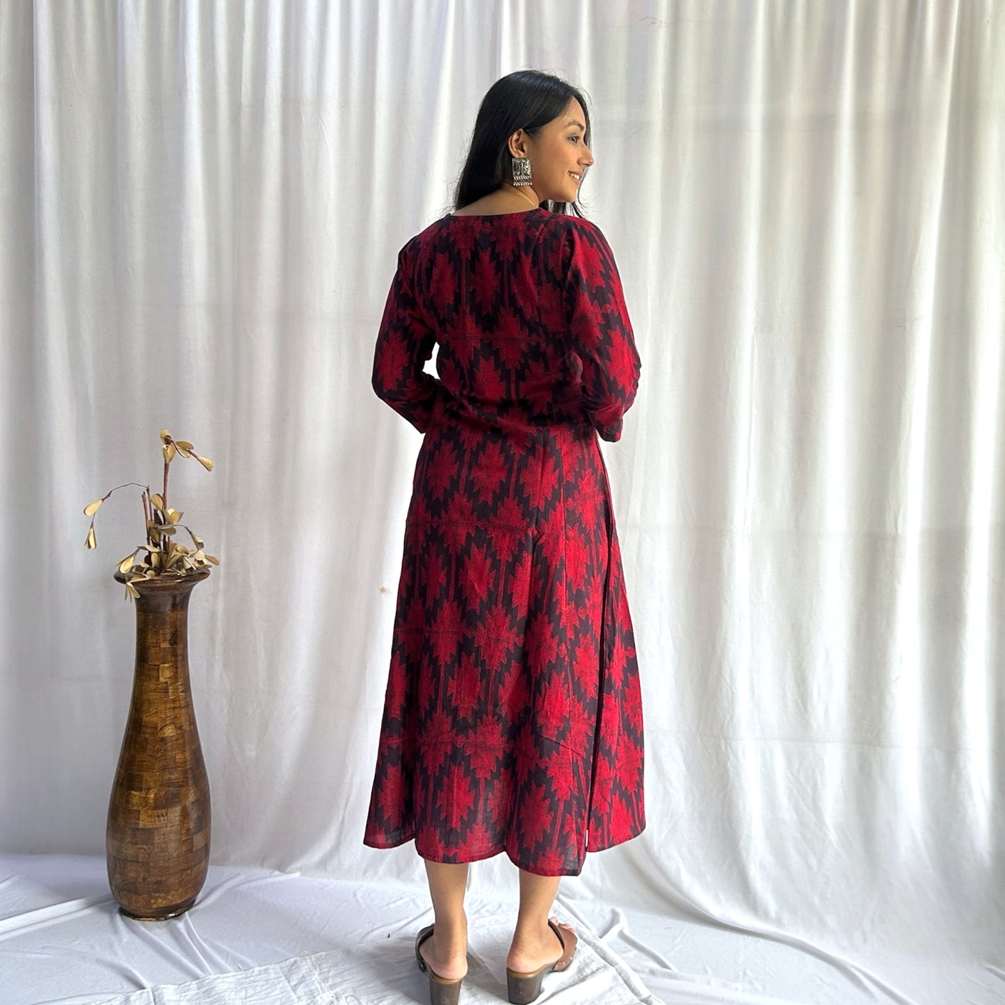Dabu Red Geometric Hand Block Printed Dress