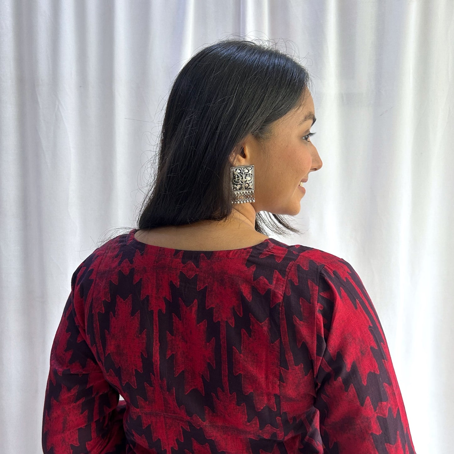 Dabu Red Geometric Hand Block Printed Dress