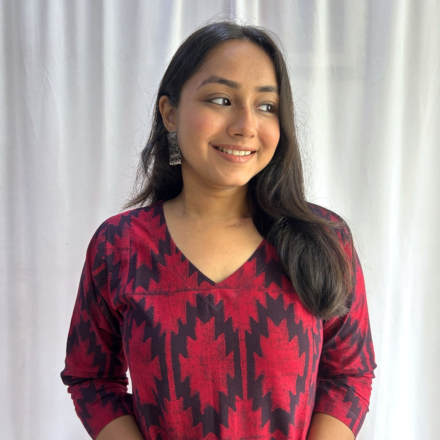 Dabu Red Geometric Hand Block Printed Dress