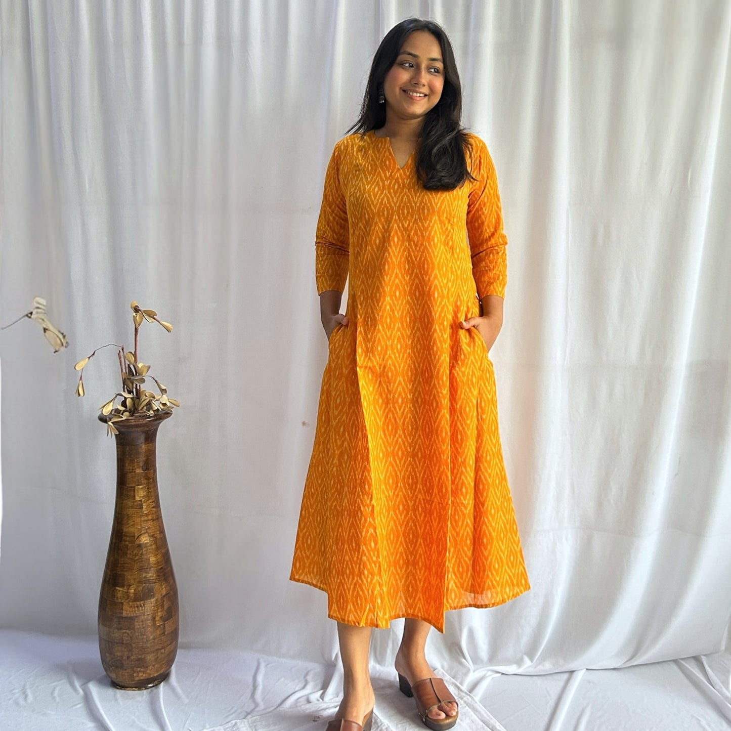 Mercerised Ikkat Yellow Handloom Dress