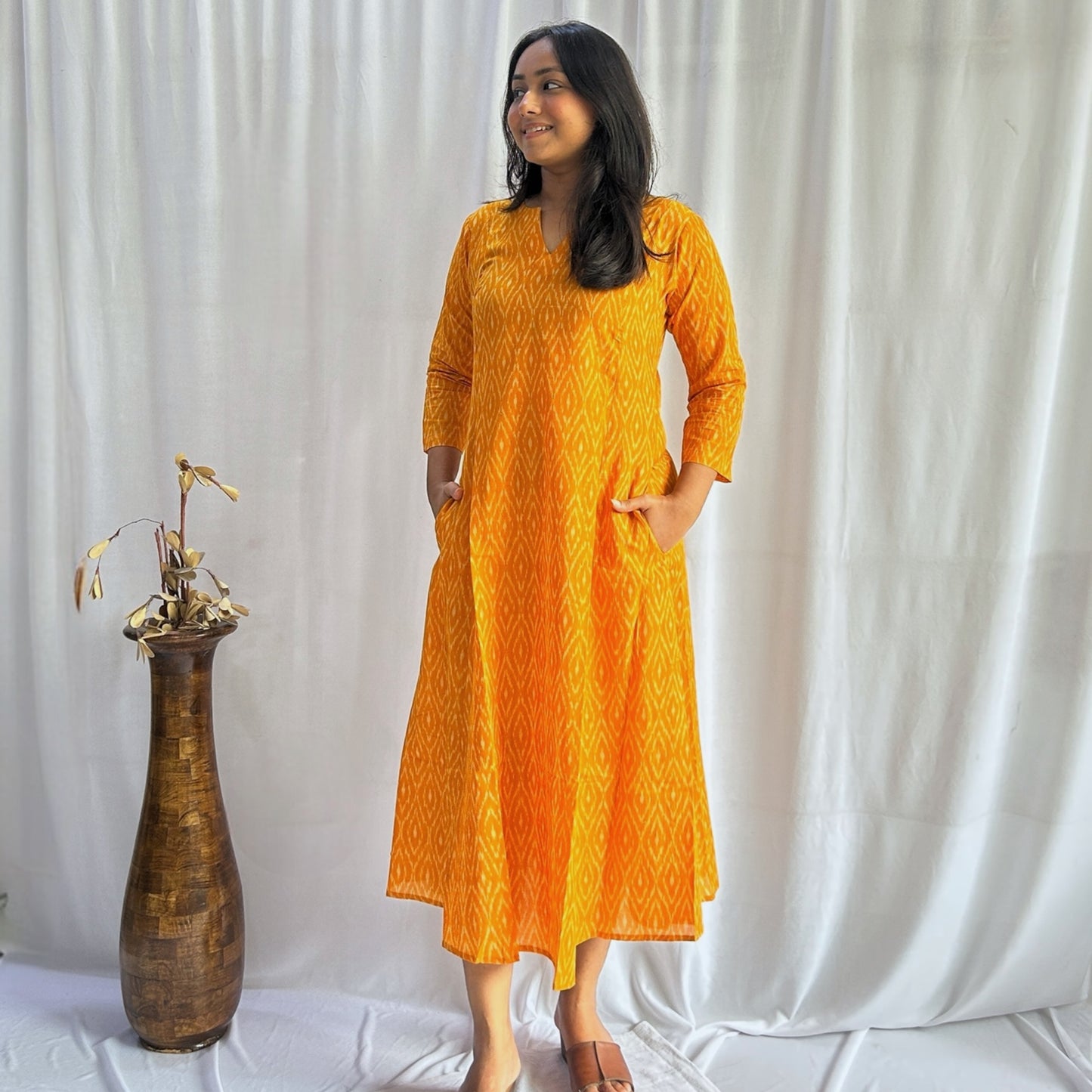 Mercerised Ikkat Yellow Handloom Dress