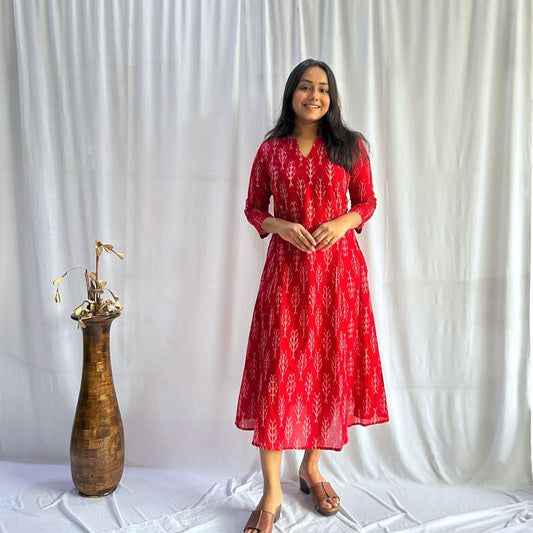 Mercerised Ikkat Red Handloom Dress