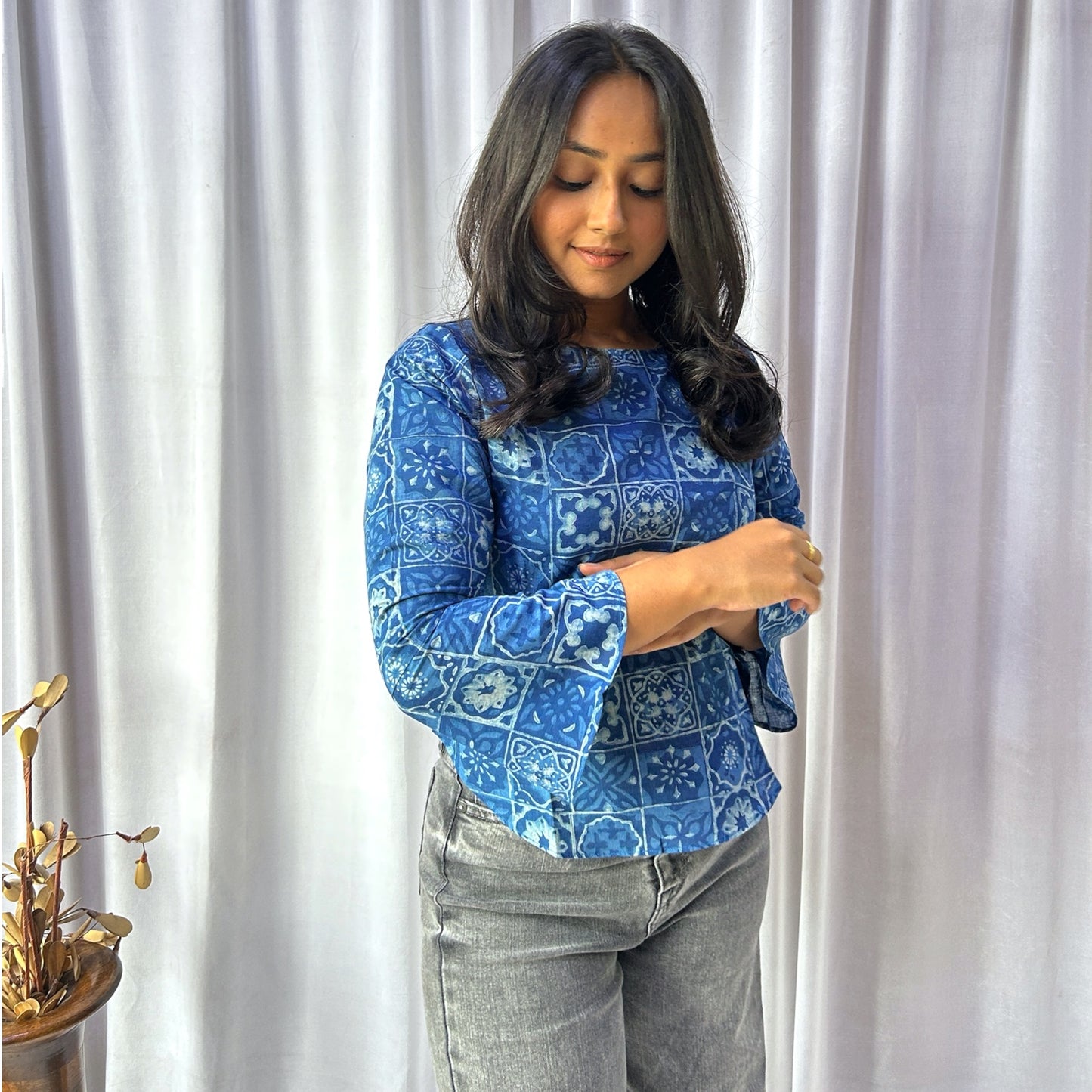 Blue Dabu Slub Floral Hand Block Printed Tunic