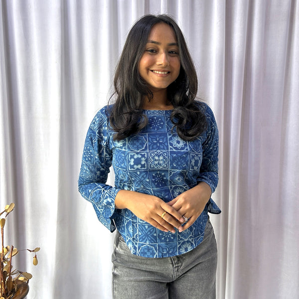 Blue Dabu Slub Floral Hand Block Printed Tunic