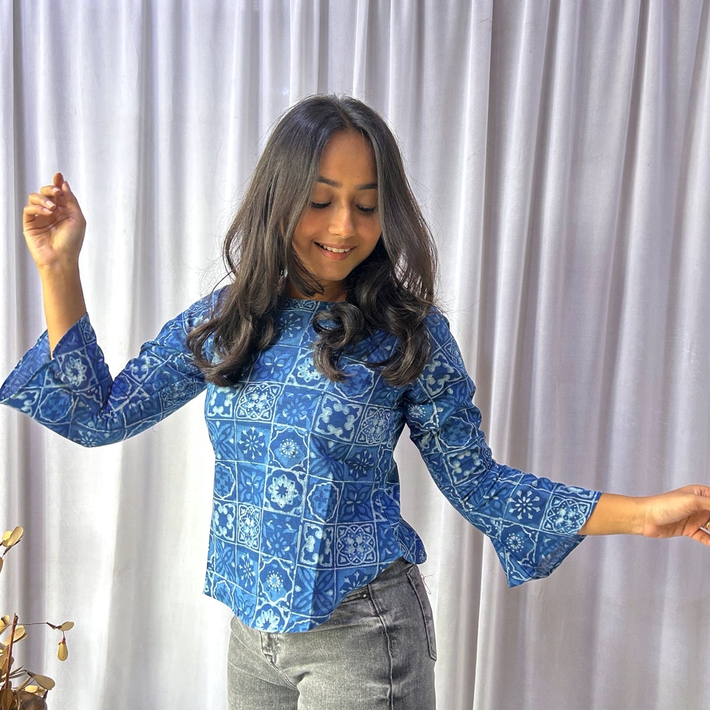 Blue Dabu Slub Floral Hand Block Printed Tunic