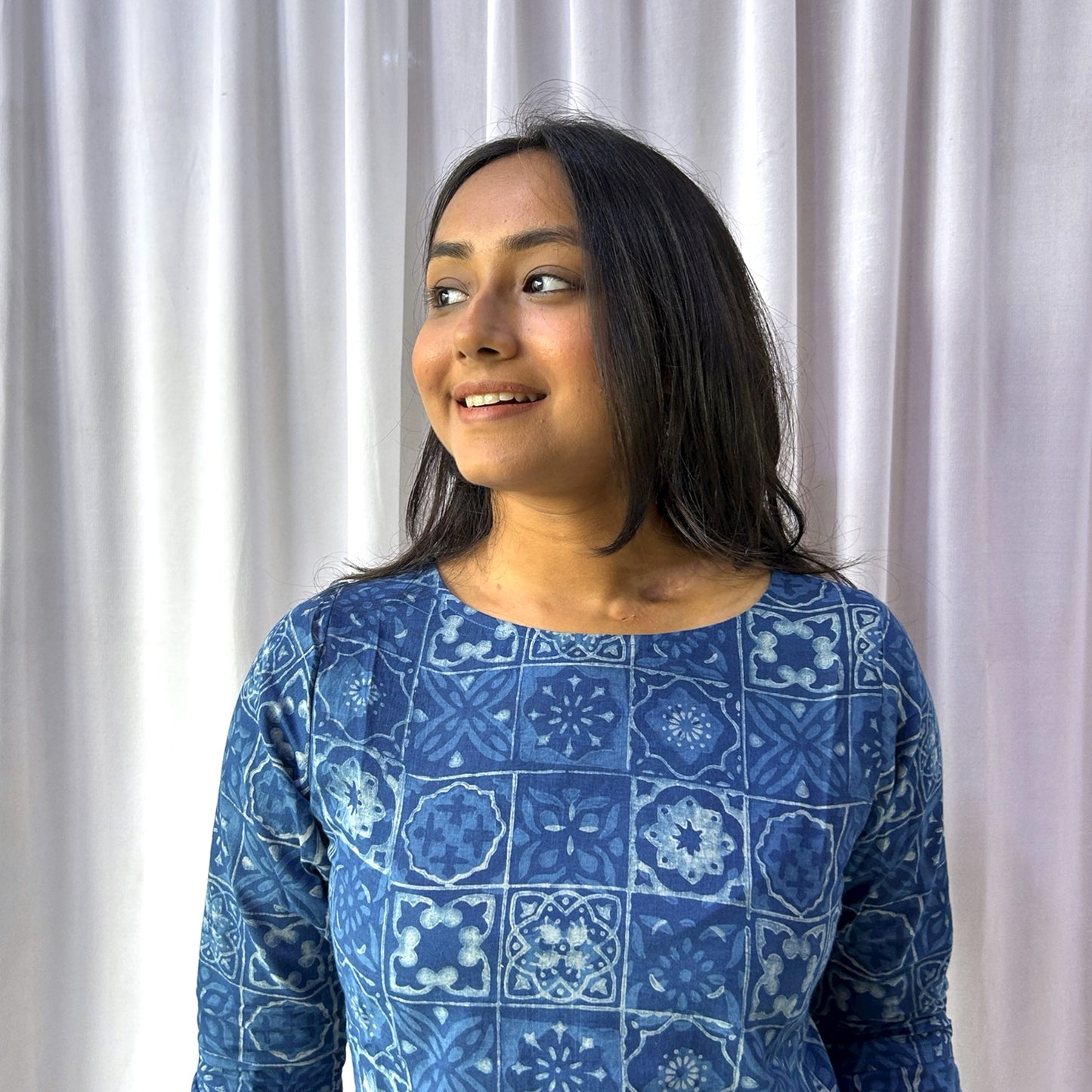 Blue Dabu Slub Floral Hand Block Printed Tunic