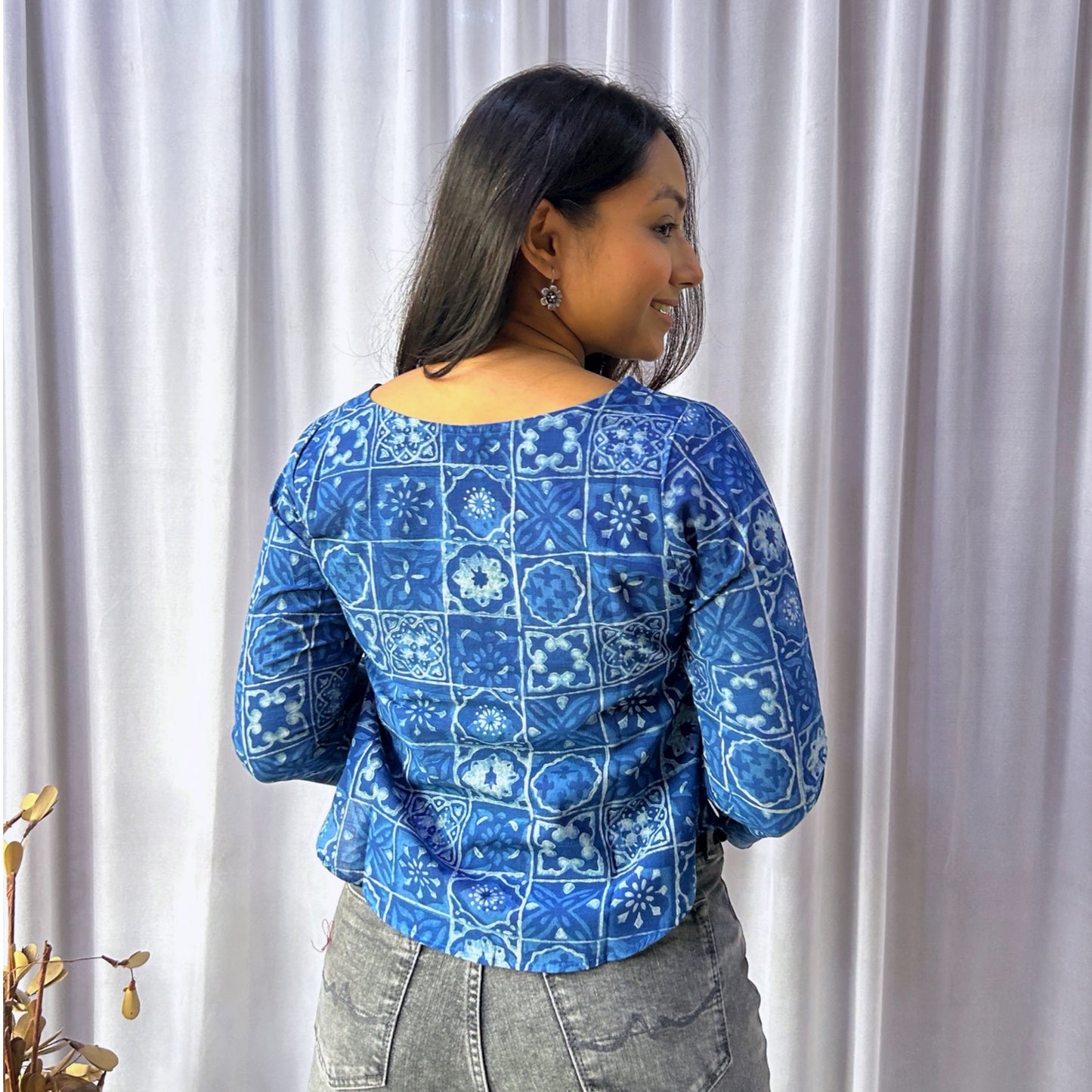 Blue Dabu Slub Floral Hand Block Printed Tunic