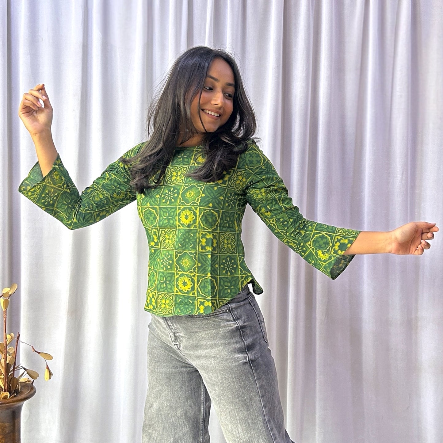 Green Dabu Slub Floral Hand Block Printed Tunic