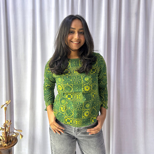 Green Dabu Slub Floral Hand Block Printed Tunic