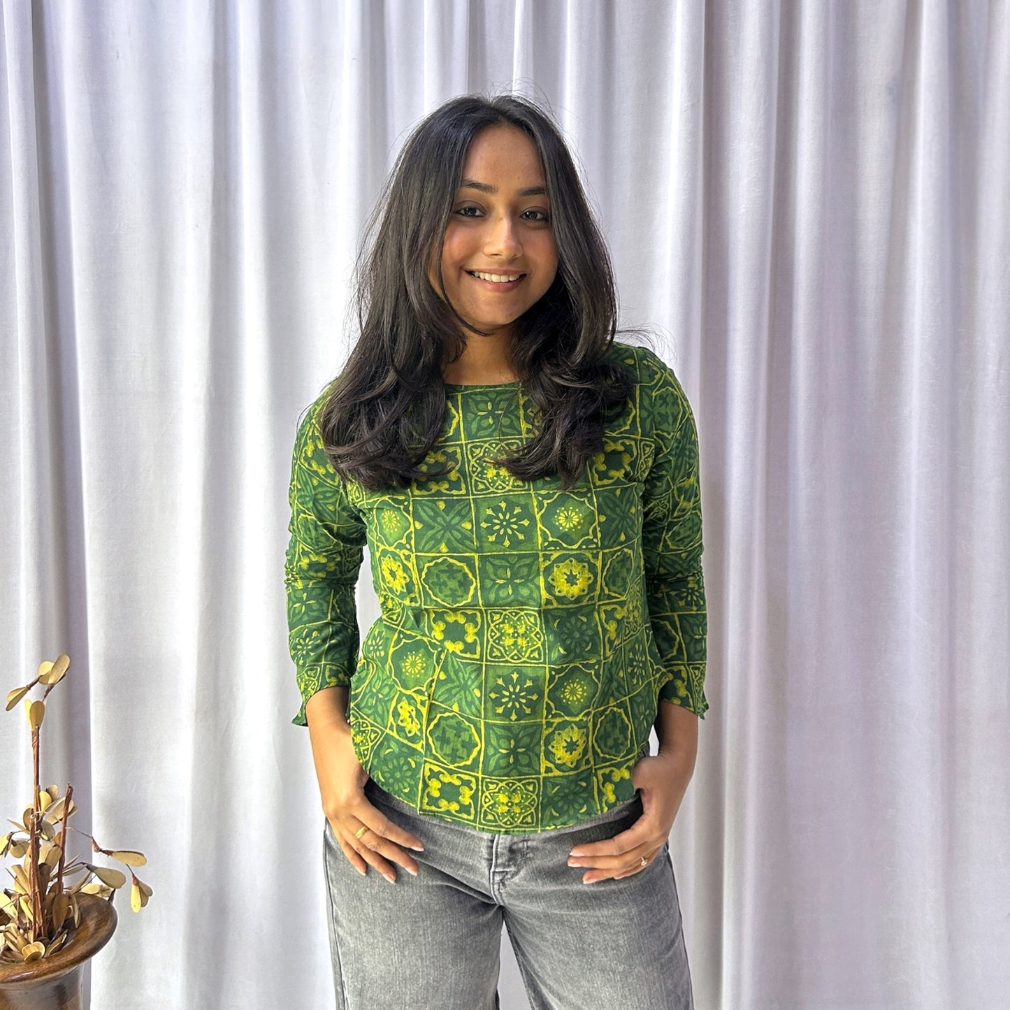 Green Dabu Slub Floral Hand Block Printed Tunic