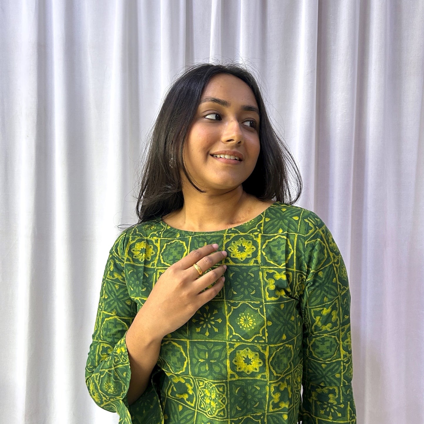 Green Dabu Slub Floral Hand Block Printed Tunic