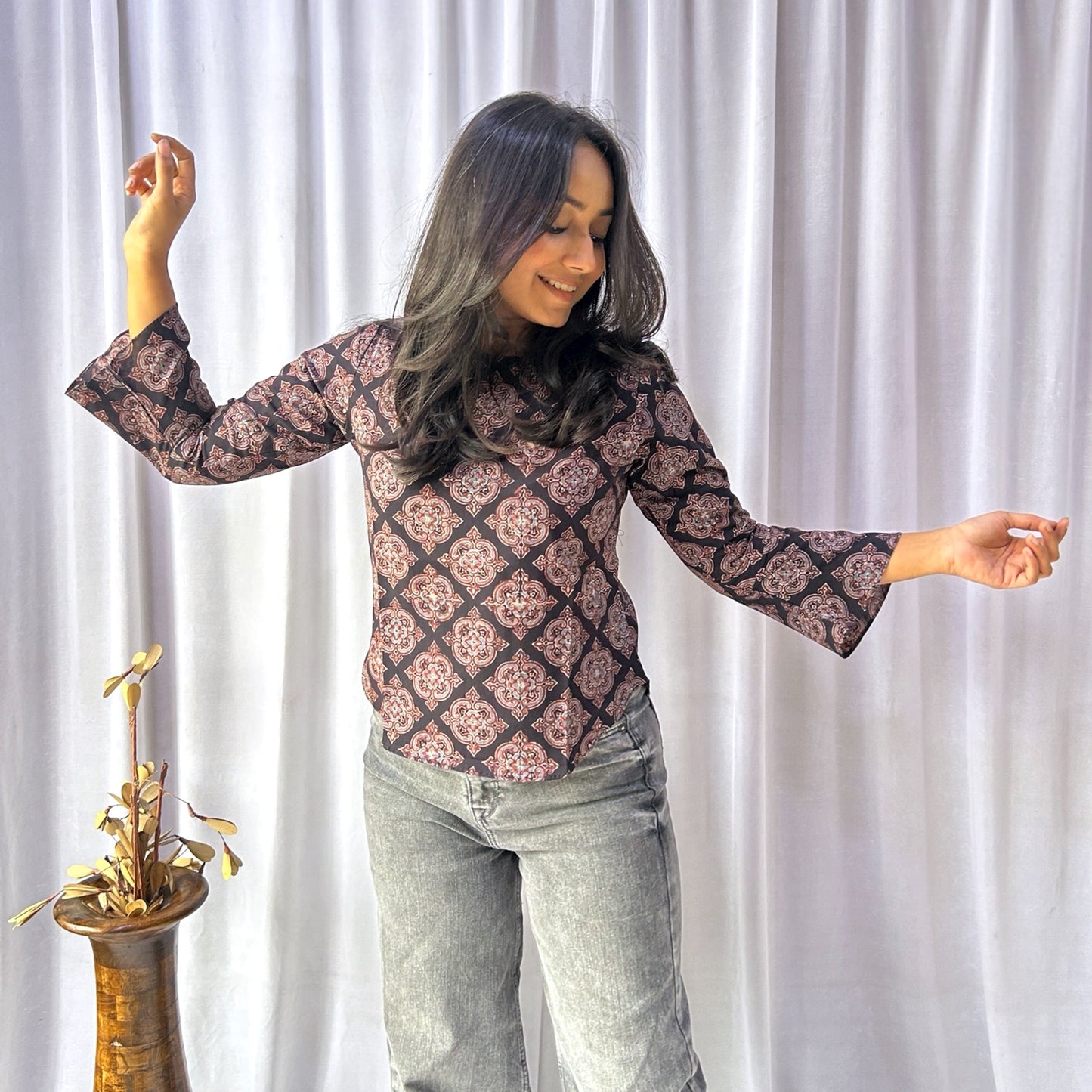 Black Ajrakh Floral Hand Block Printed Tunic