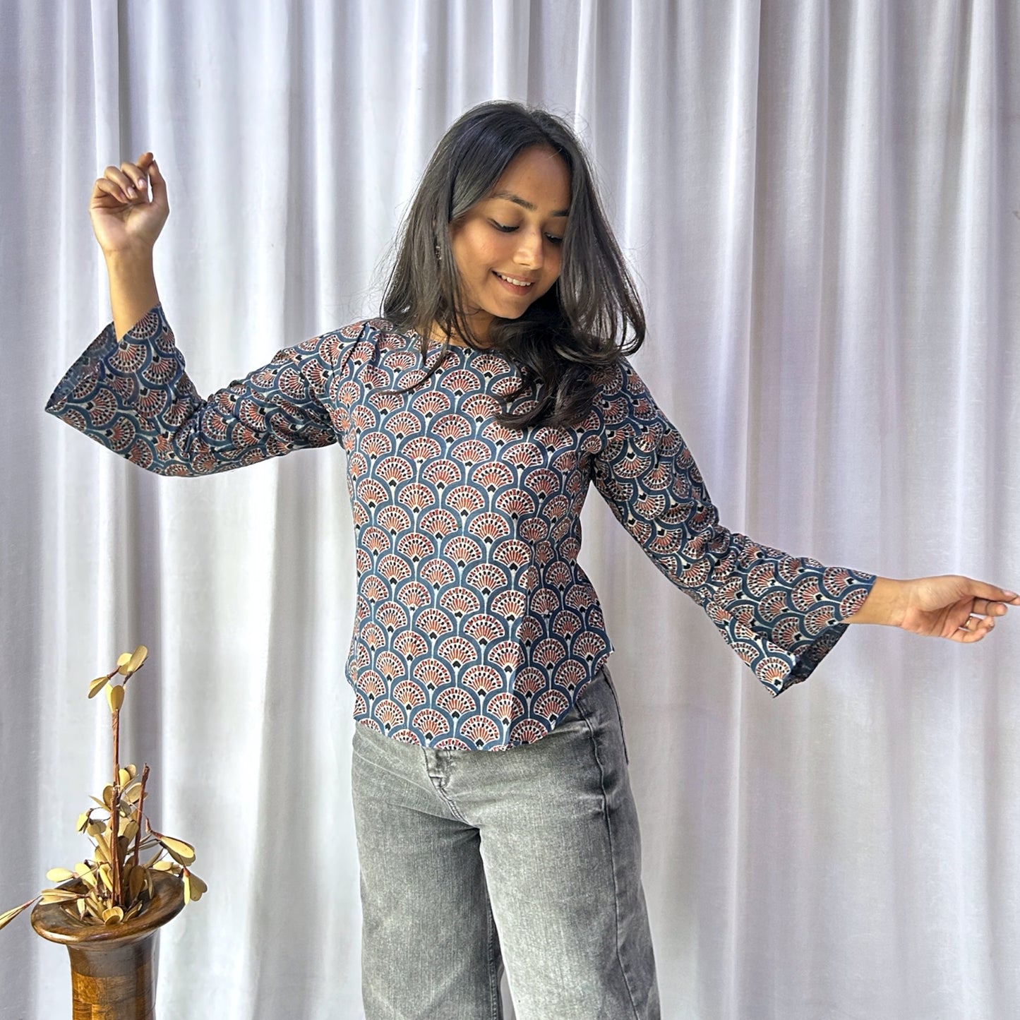 Blue Ajrakh Floral Hand Block Printed Tunic