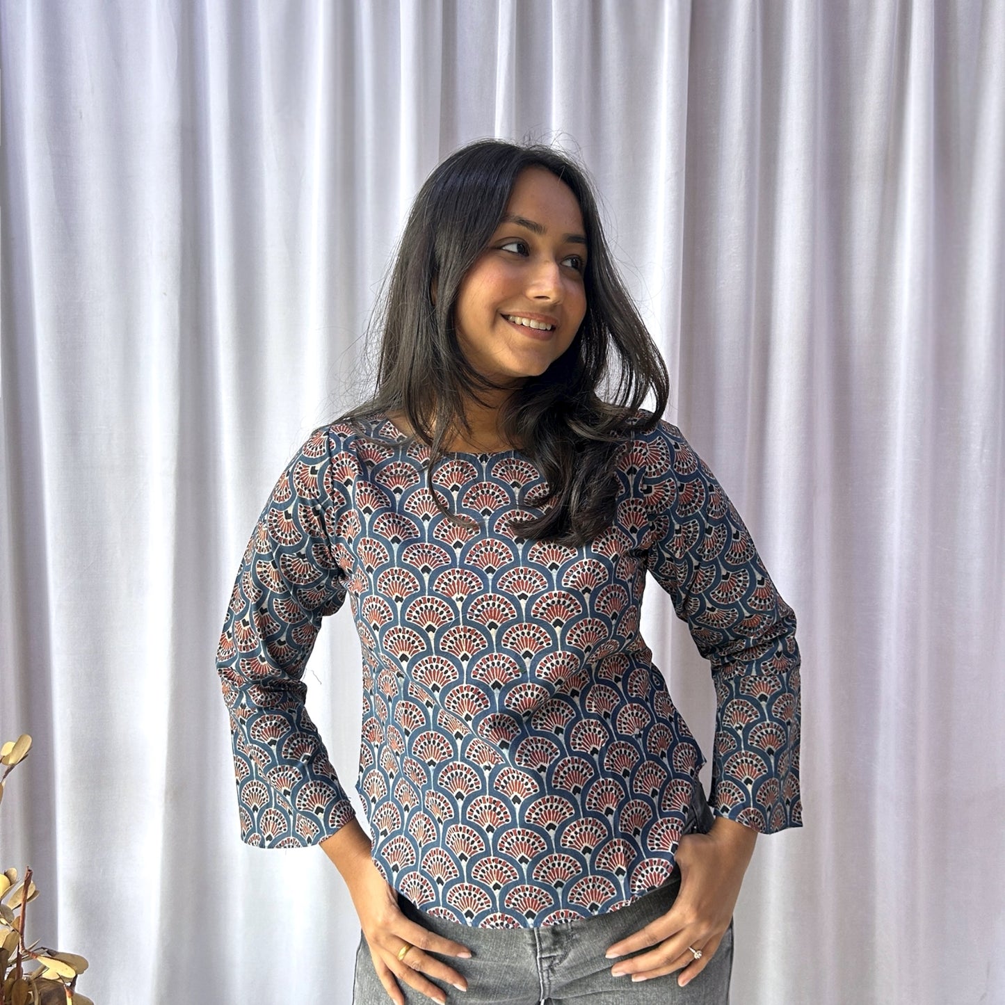 Blue Ajrakh Floral Hand Block Printed Tunic