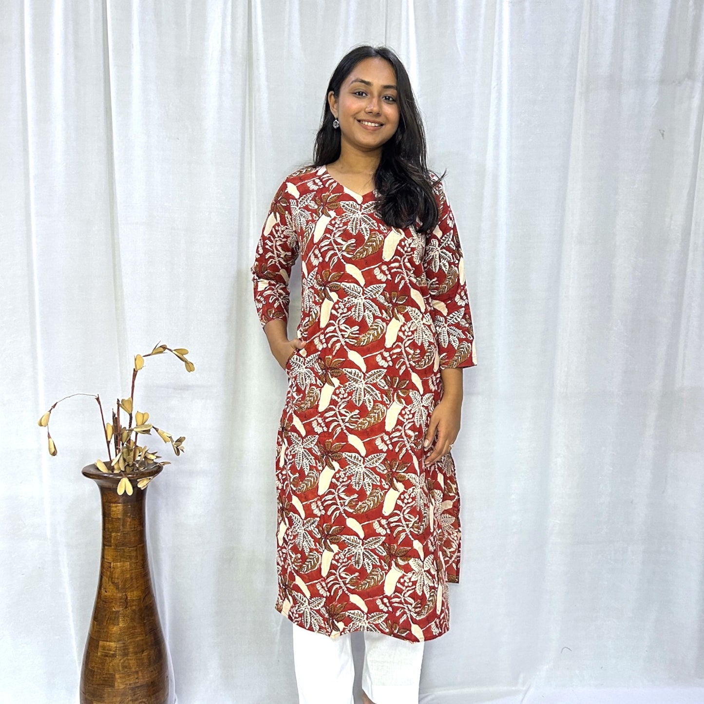 Bagru Red Floral Long Kurti
