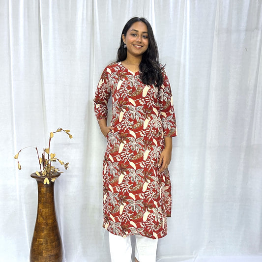 Bagru Red Floral Long Kurti