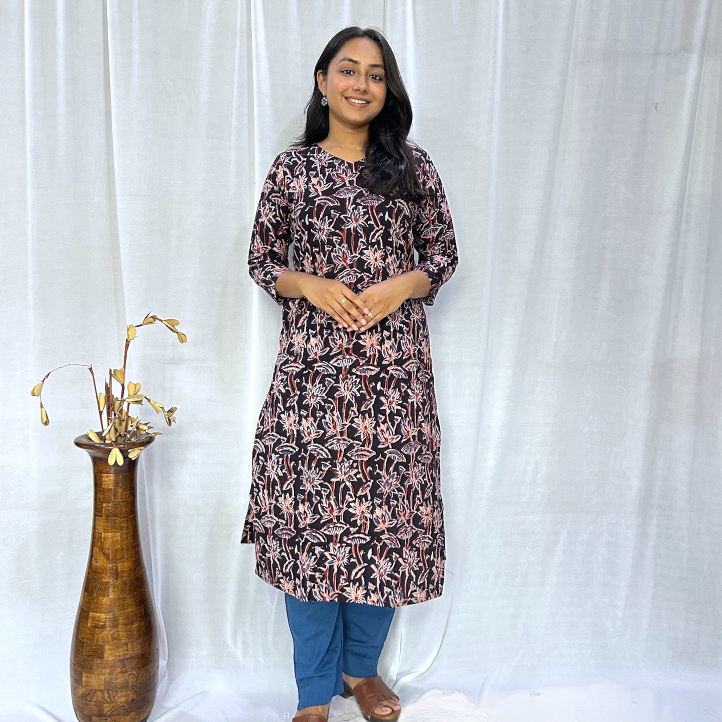 Kalamkari Black floral Long Kurti