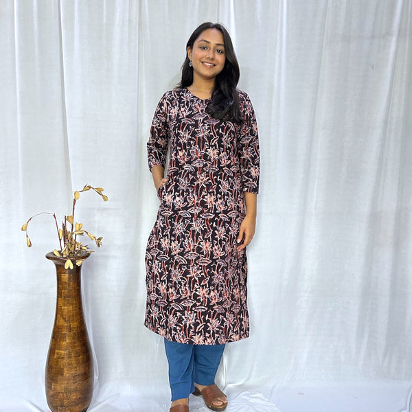 Kalamkari Black floral Long Kurti