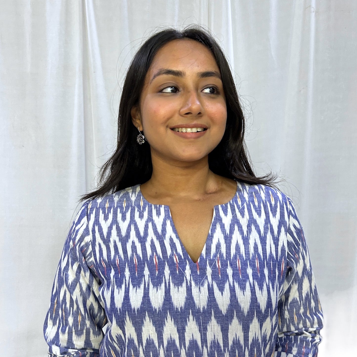 Ikkat Blue White Long Kurti