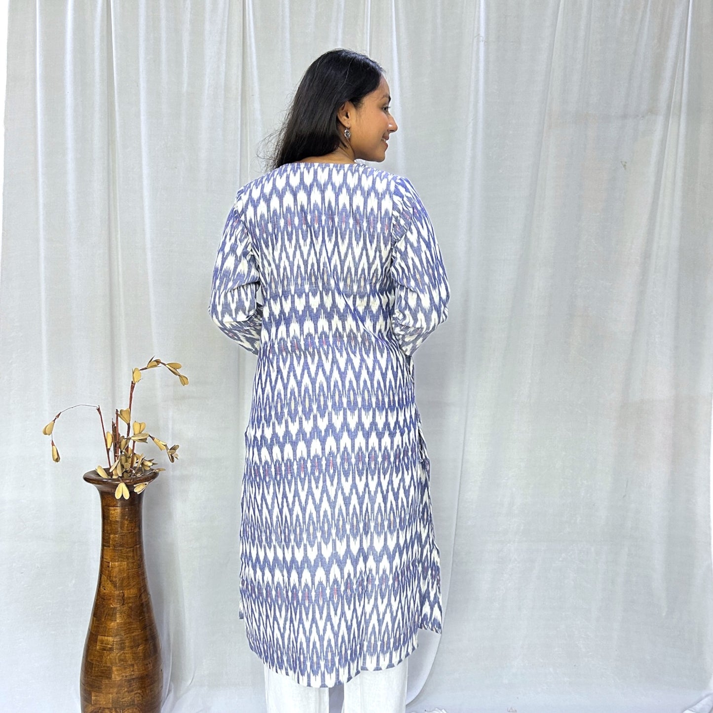 Ikkat Blue White Long Kurti