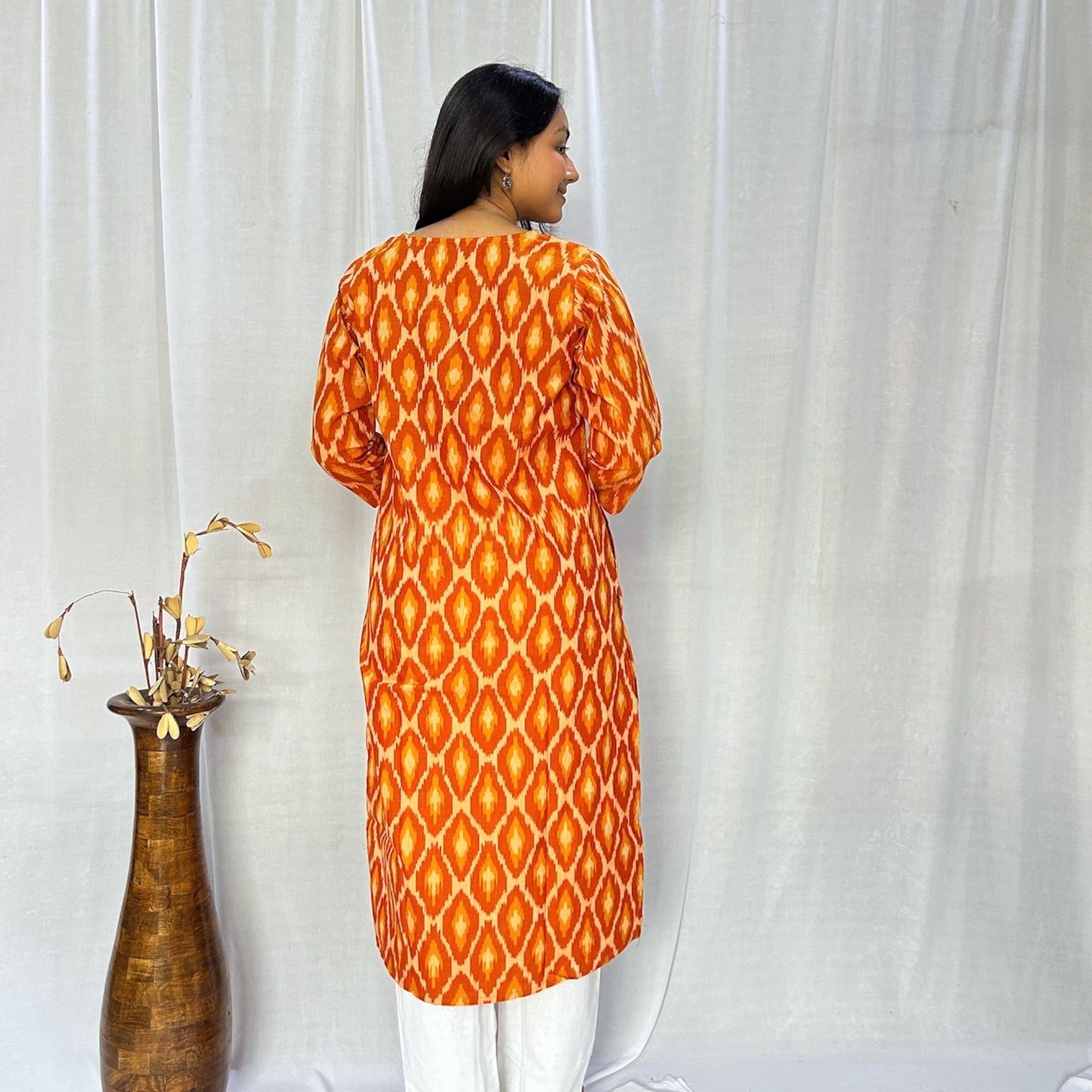 Ikkat Orange Yellow Long Kurti
