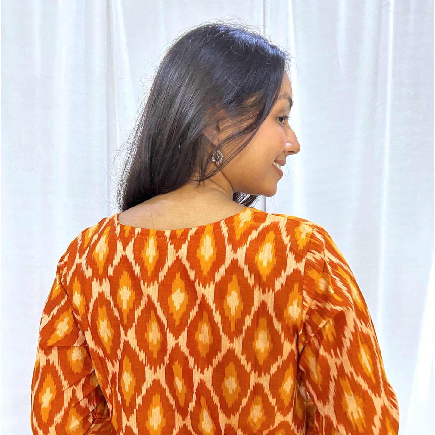 Ikkat Orange Yellow Long Kurti