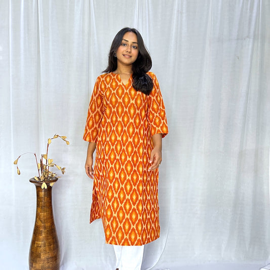 Ikkat Orange Yellow Long Kurti