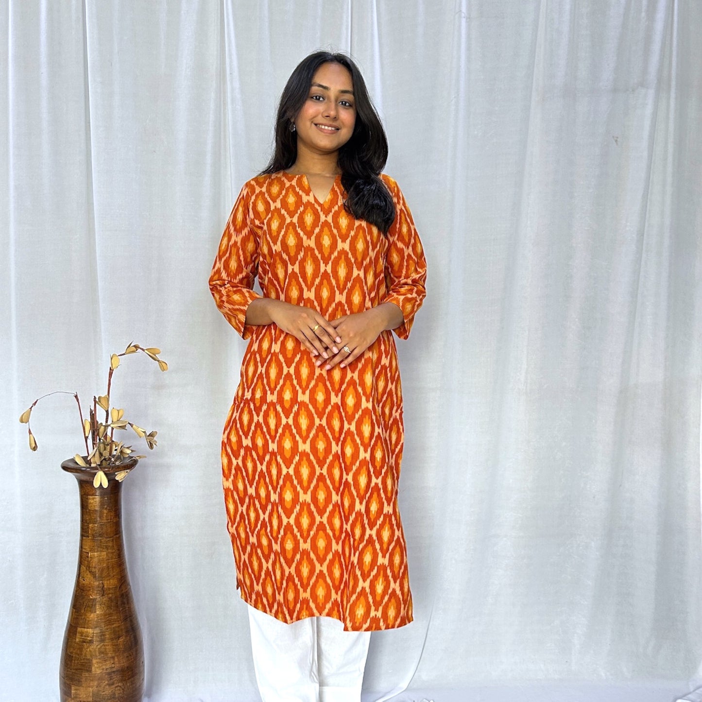 Ikkat Orange Yellow Long Kurti