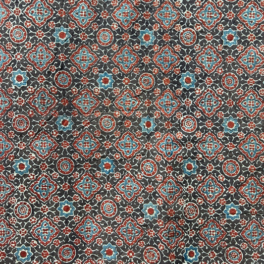 Ajrakh Brown Floral Hand Block Printed Fabric
