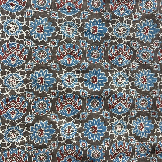 Ajrakh Brown Floral Hand Block Printed Fabric