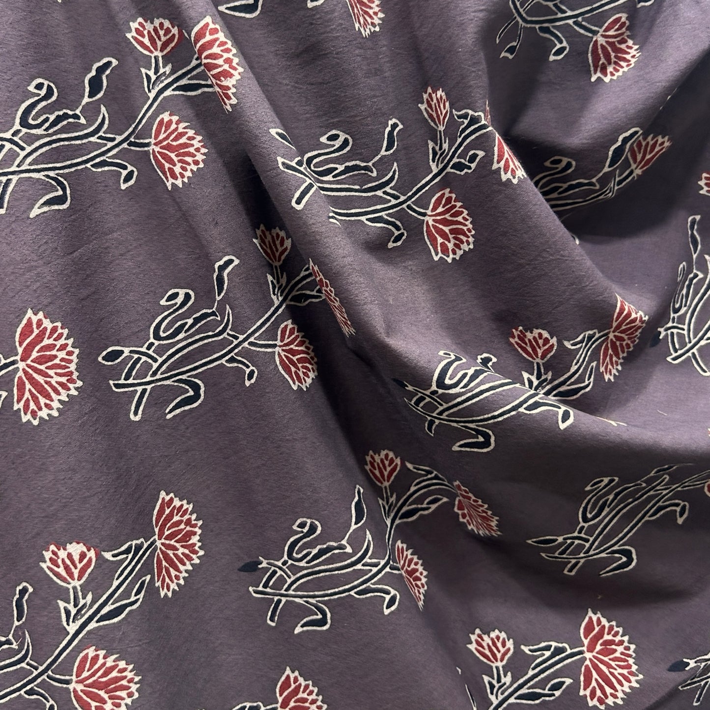 Ajrakh Brown Floral Hand Block Printed Fabric
