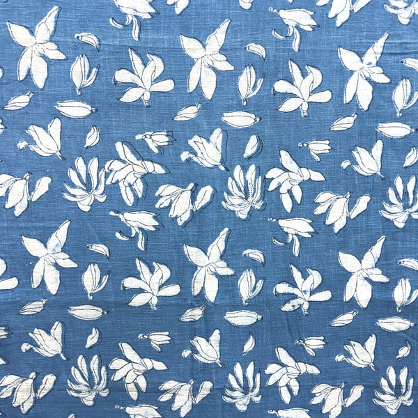 Dabu Blue Floral Slub Cotton Hand Block Printed Fabric