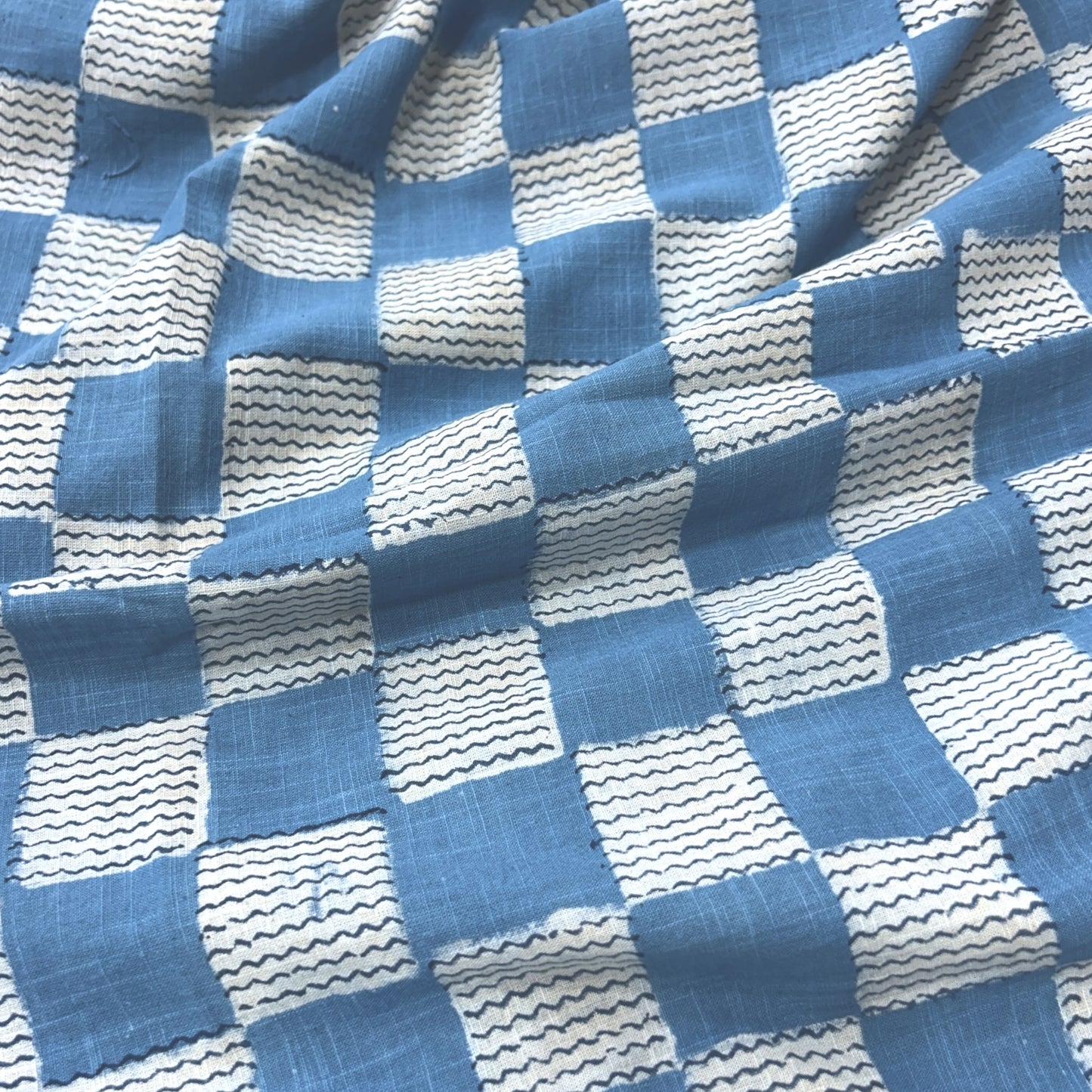 Dabu Blue Geometric Slub Cotton Hand Block Printed Fabric
