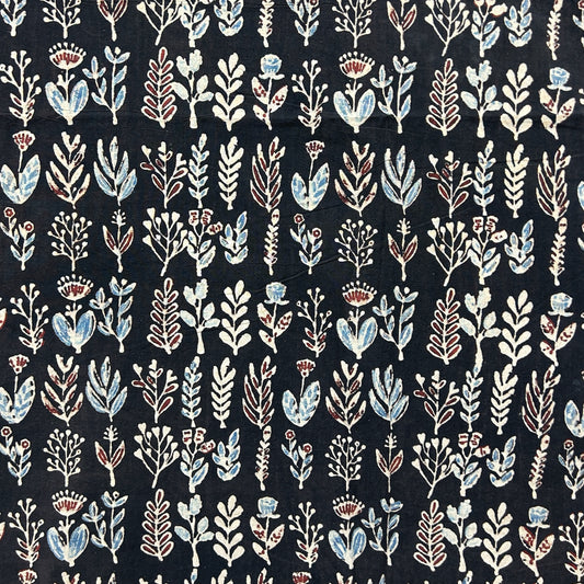 Ajrakh Black Floral Hand Block Printed Fabric