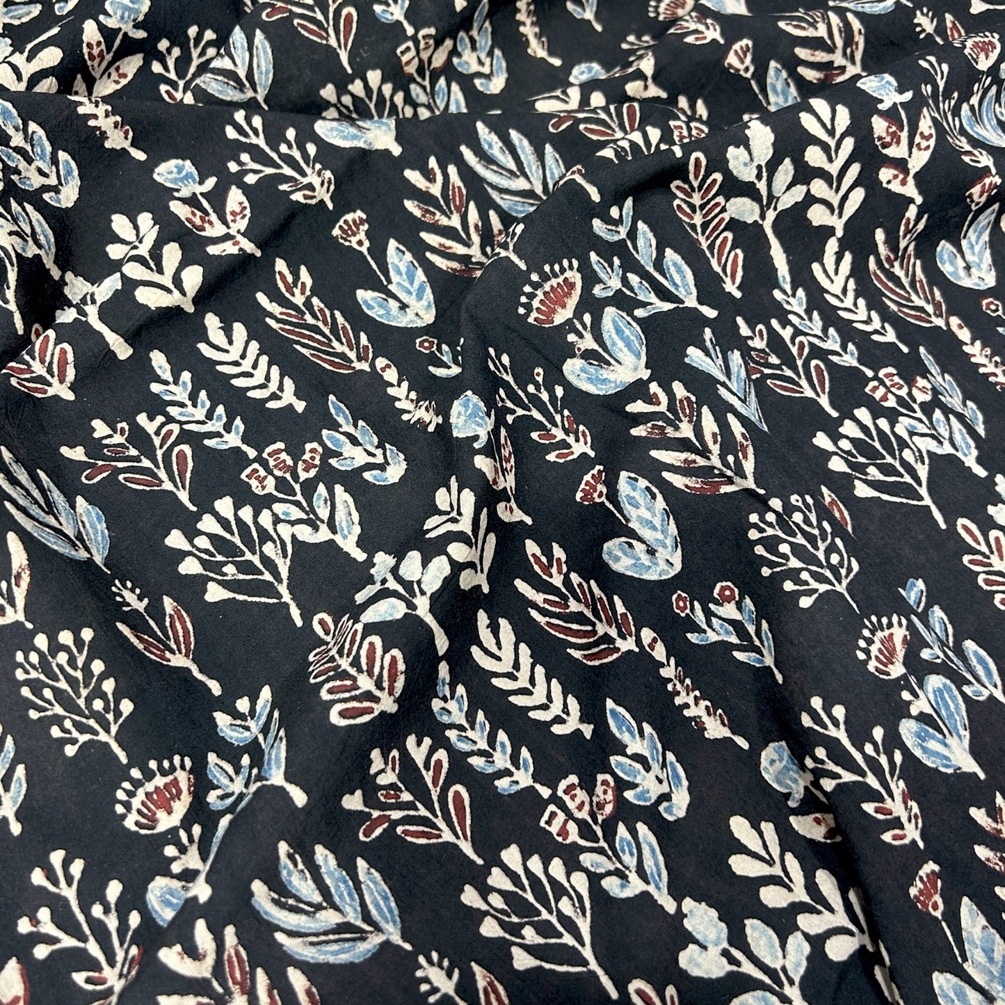 Ajrakh Black Floral Hand Block Printed Fabric