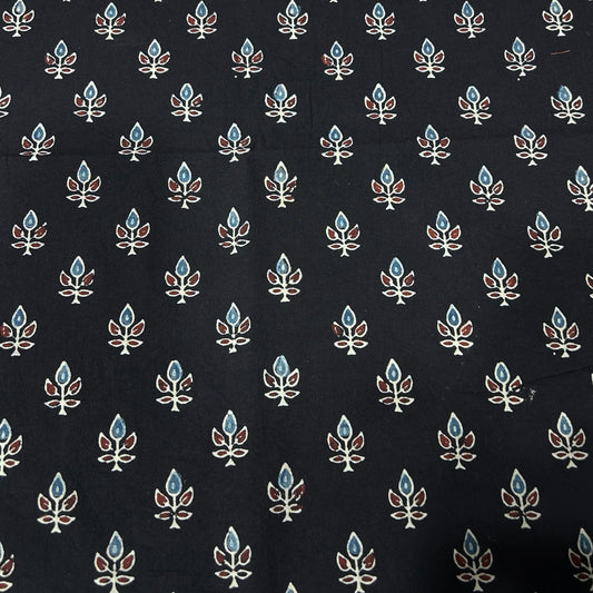 Ajrakh Black Floral Hand Block Printed Fabric