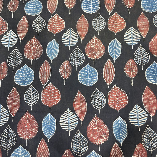 Ajrakh Black Leaf Motif Hand Block Printed Fabric