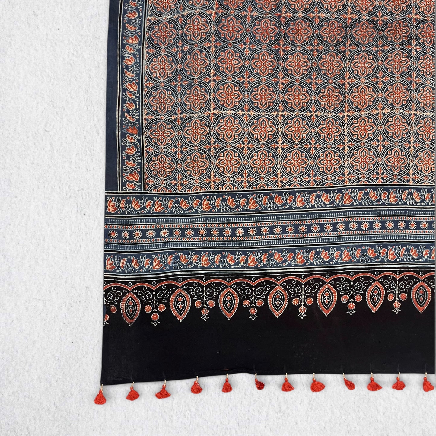 Black Ajrakh Floral Hand Block Printed Dupatta