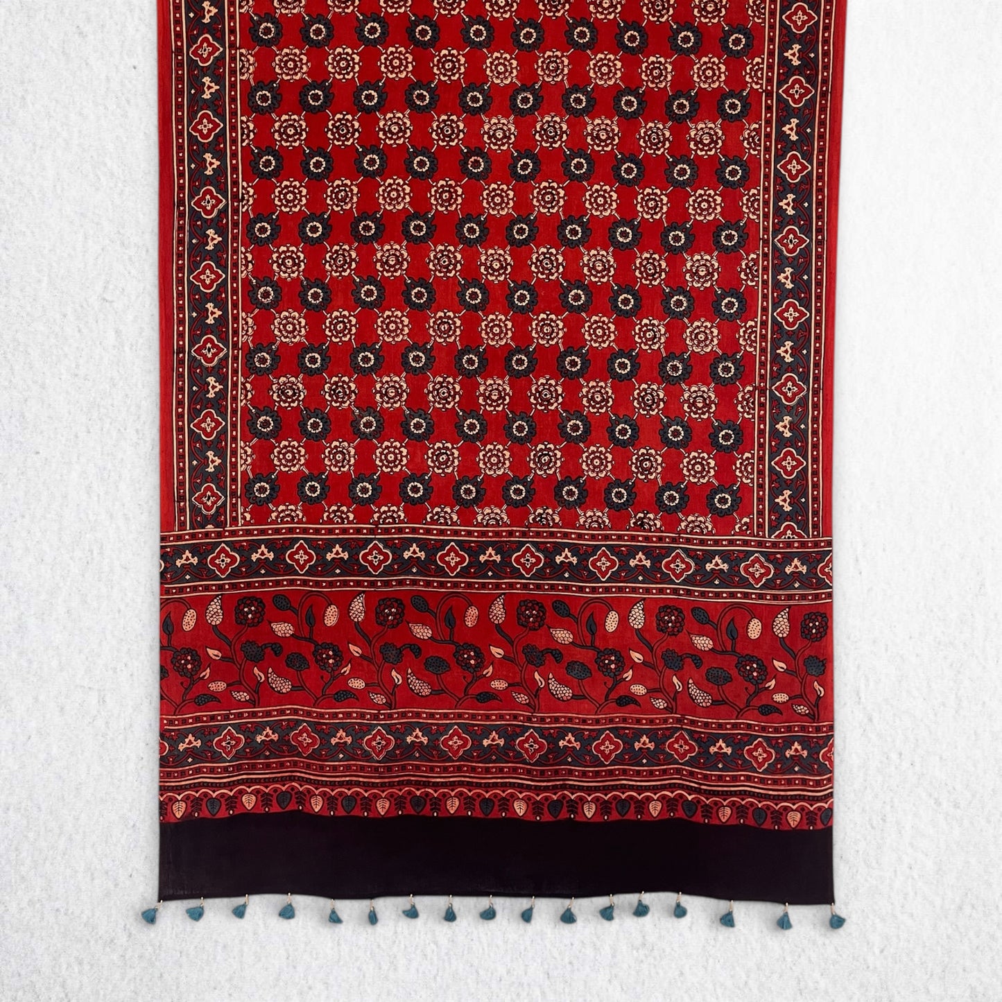 Red Ajrakh Floral Hand Block Printed Dupatta
