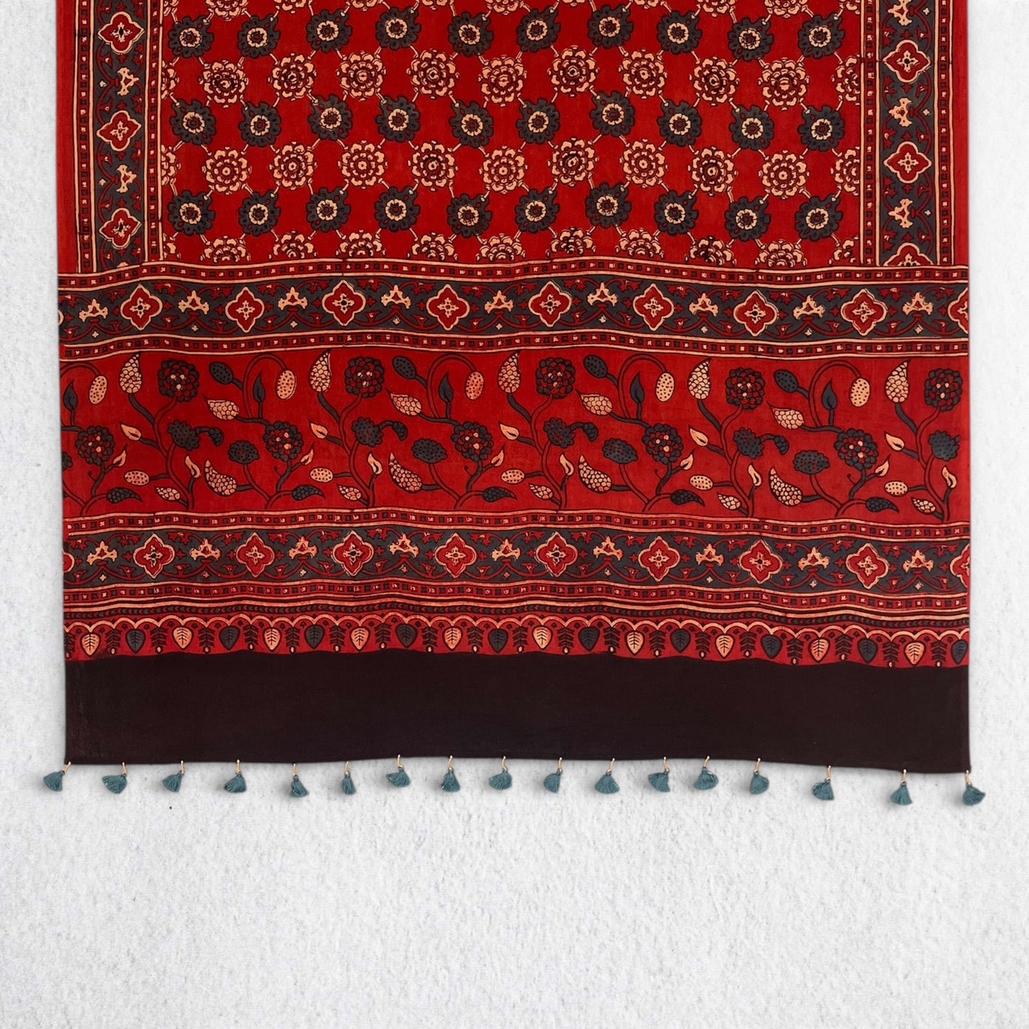 Red Ajrakh Floral Hand Block Printed Dupatta