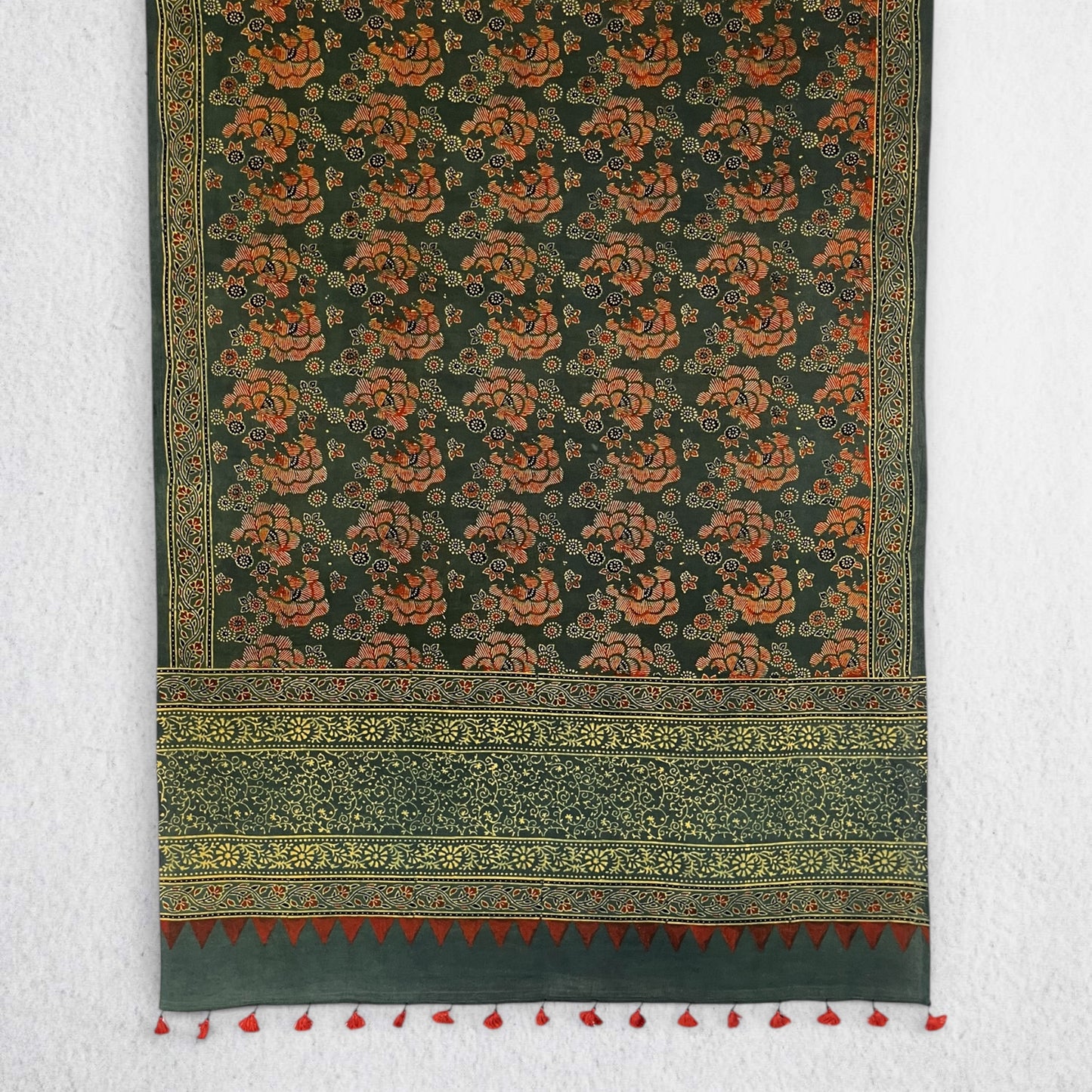 Green Ajrakh Floral Hand Block Printed Dupatta