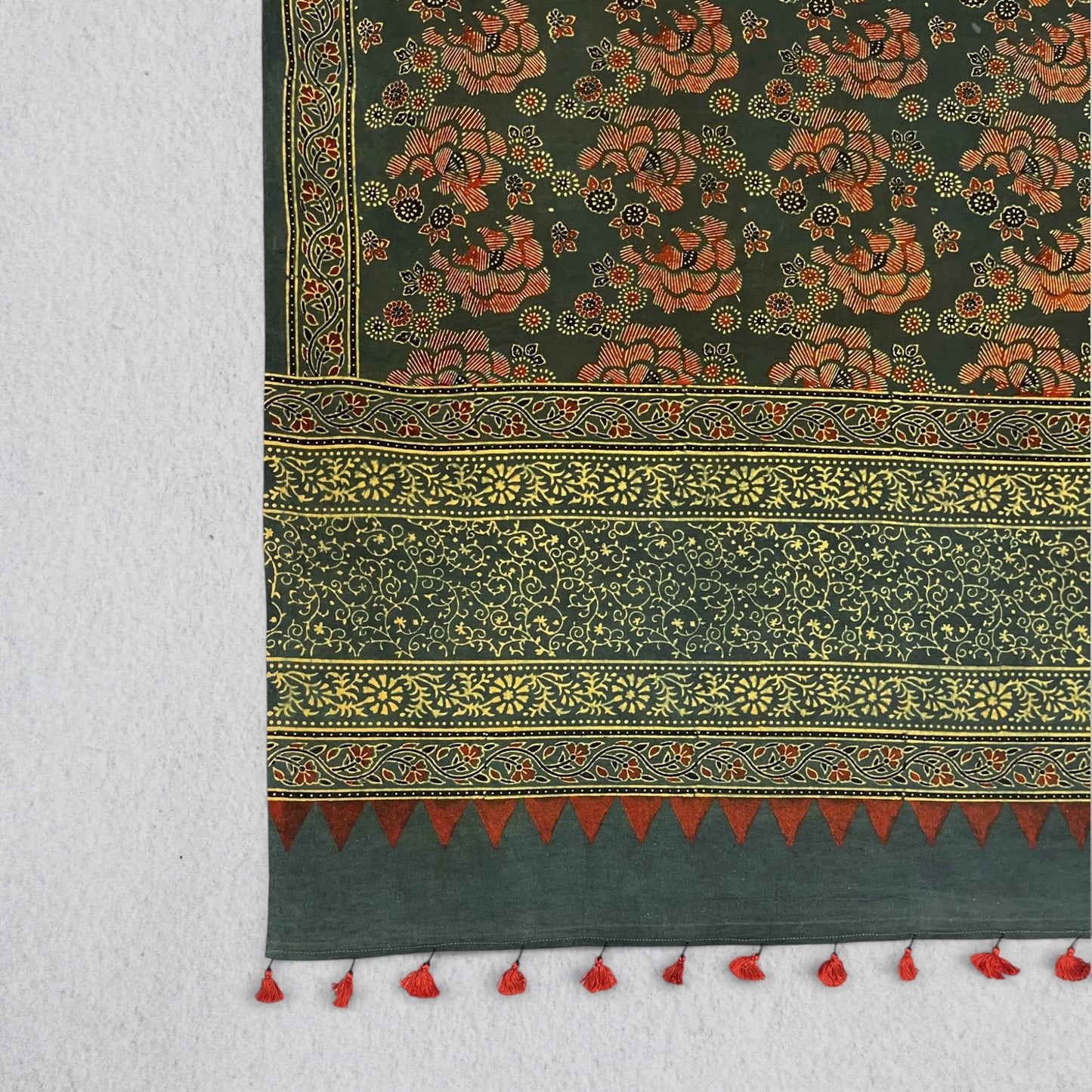 Green Ajrakh Floral Hand Block Printed Dupatta