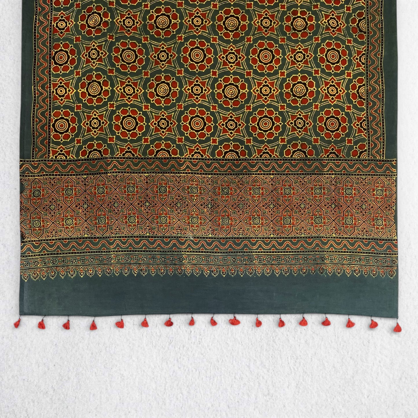 Green Ajrakh Floral Hand Block Printed Dupatta
