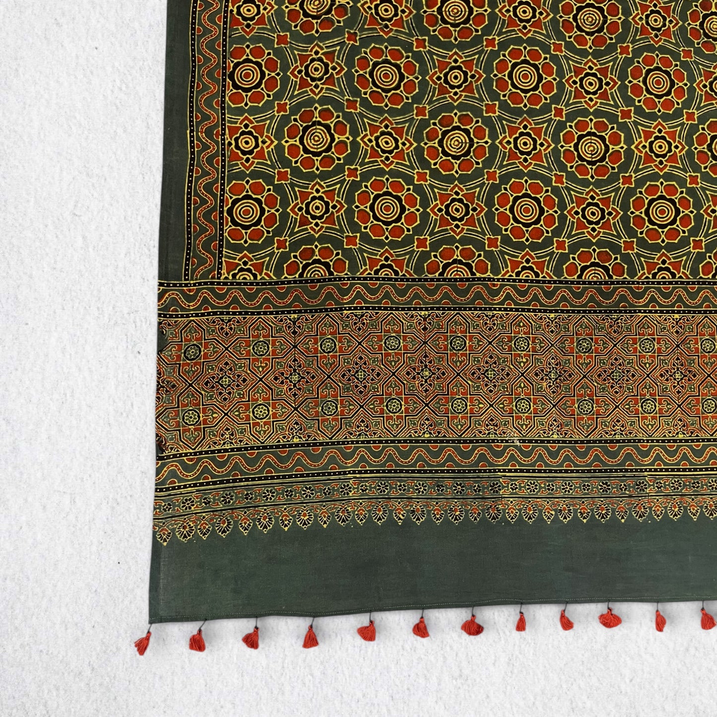 Green Ajrakh Floral Hand Block Printed Dupatta