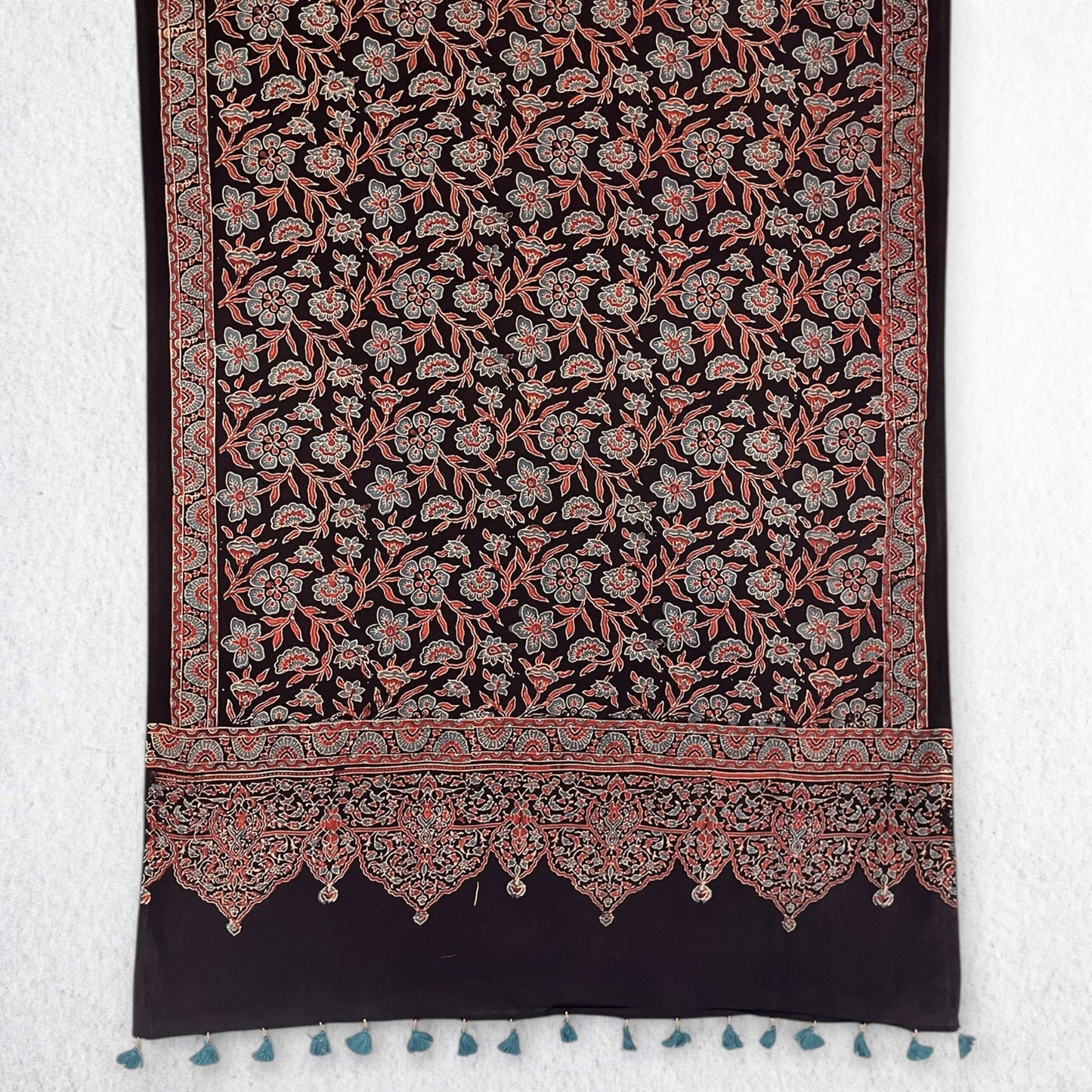 Black Ajrakh Floral Hand Block Printed Dupatta