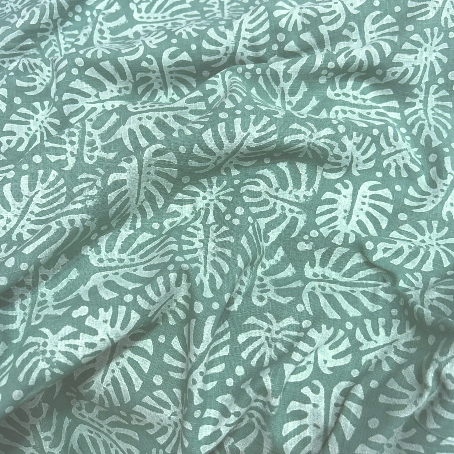 Dabu Green Floral Slub Cotton Hand Block Printed Fabric
